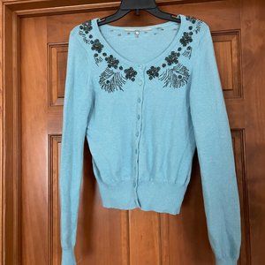 Knitted & Knotted Blue Beaded Cardigan Sz L Anthropologie